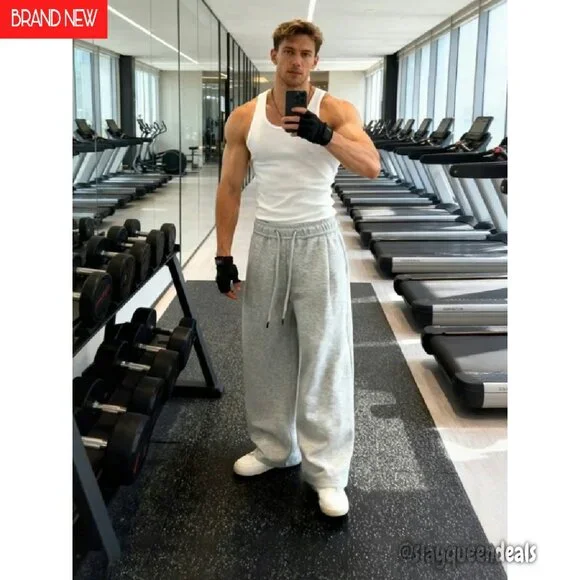 Men's Baggy Sweatpants Wide Leg Loose Jogger Elastic Waist Drawstring